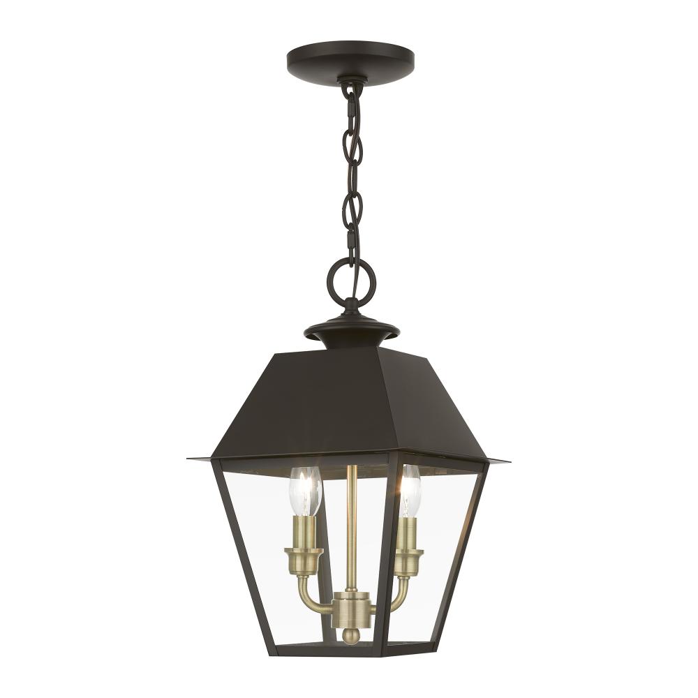 2 Light Bronze with Antique Brass Finish Cluster Outdoor Medium Pendant Lantern