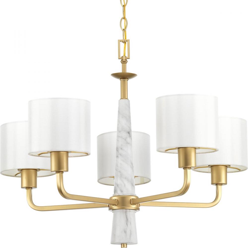 Palacio Collection Five-Light Vintage Gold White Silk Fabric Shade Luxe Chandelier Light