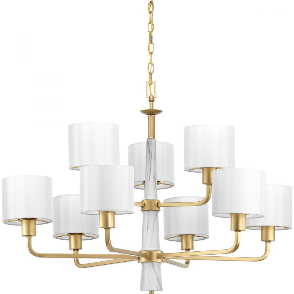 Palacio Collection Nine-Light Vintage Gold White Silk Fabric Shade Luxe Chandelier Light