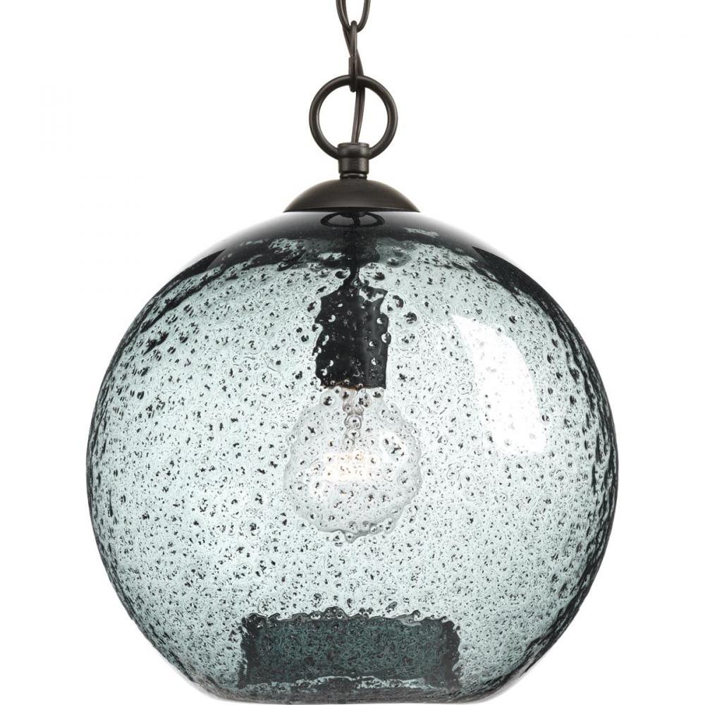 Malbec Collection One-Light Antique Bronze Recycled Blue Textured Glass Global Pendant Light