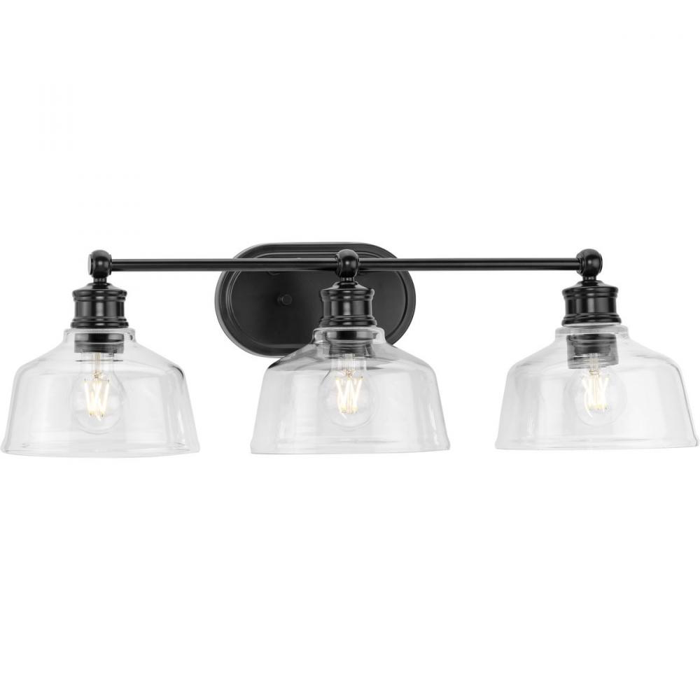 Singleton Collection Three-Light 26.5" Matte Black Farmhouse Vanity Light with Clear Glass Shade