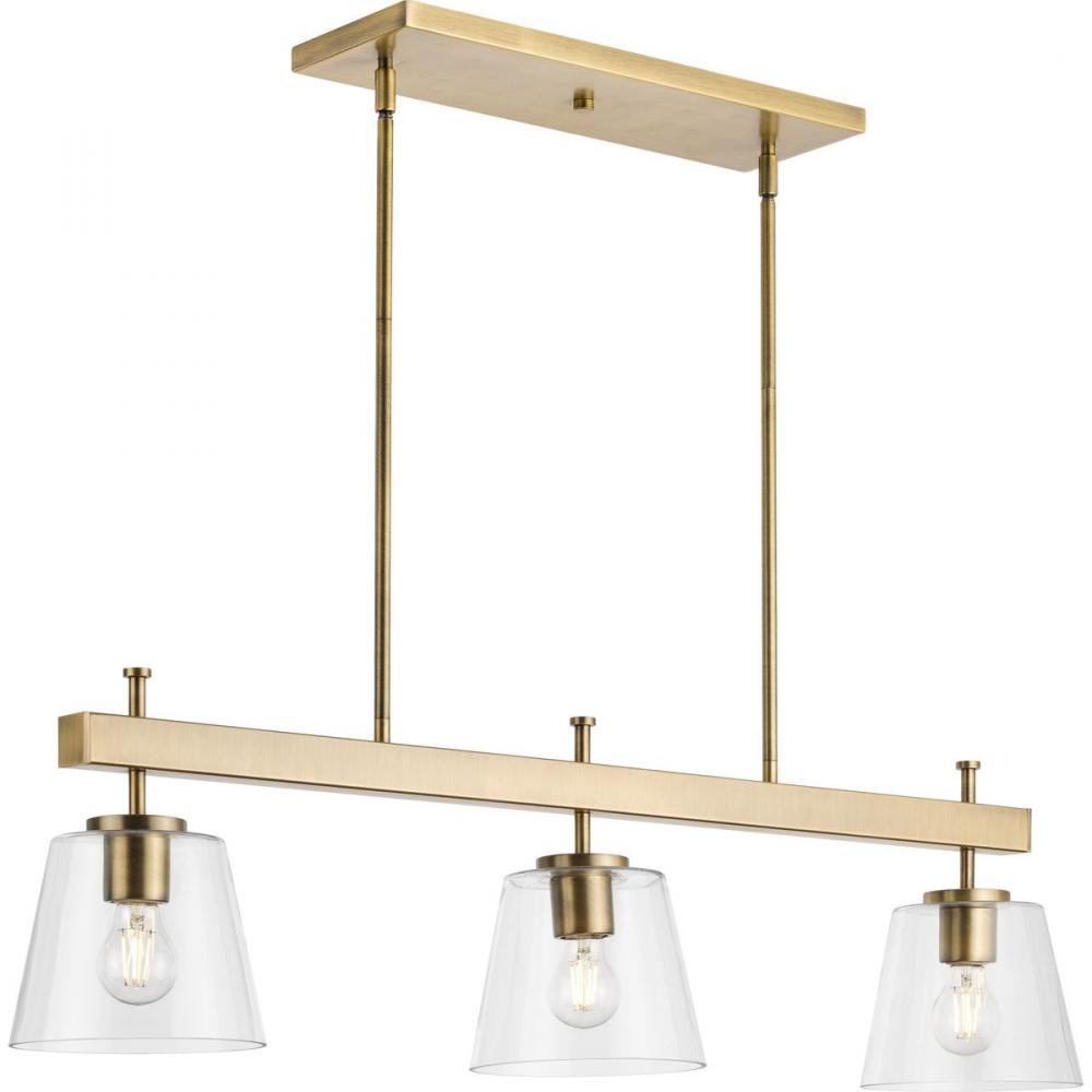 Saffert Collection Three-Light New Traditional Vintage Brass Clear Glass Linear Island Cha