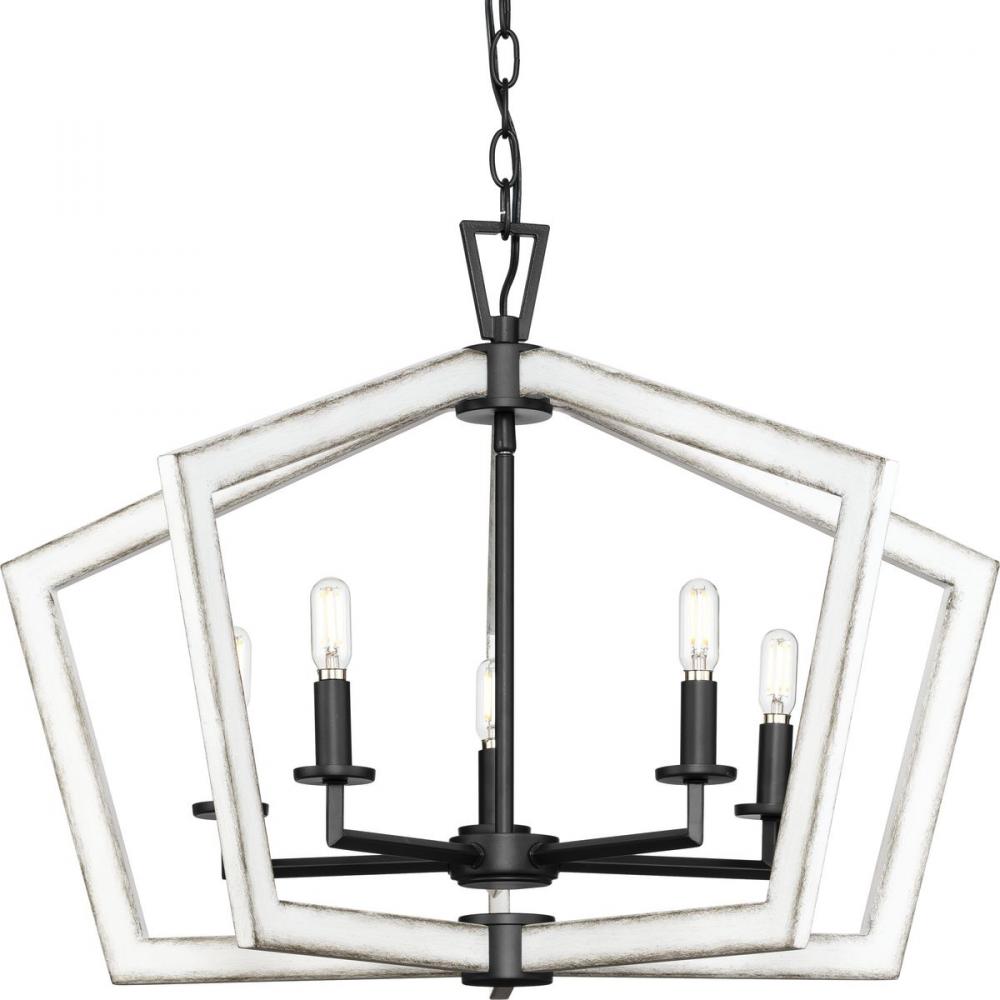 Galloway Collection Five-Light 19.25" Matte Black Modern Farmhouse Chandelier with Distressed Wh