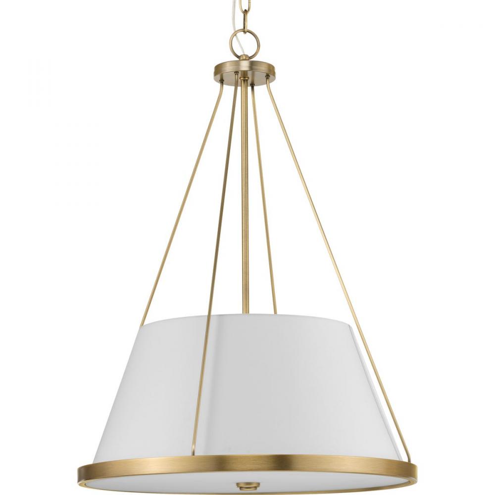 Saffert Collection Three-Light New Traditional Vintage Brass White Linen Glass Pendant Light
