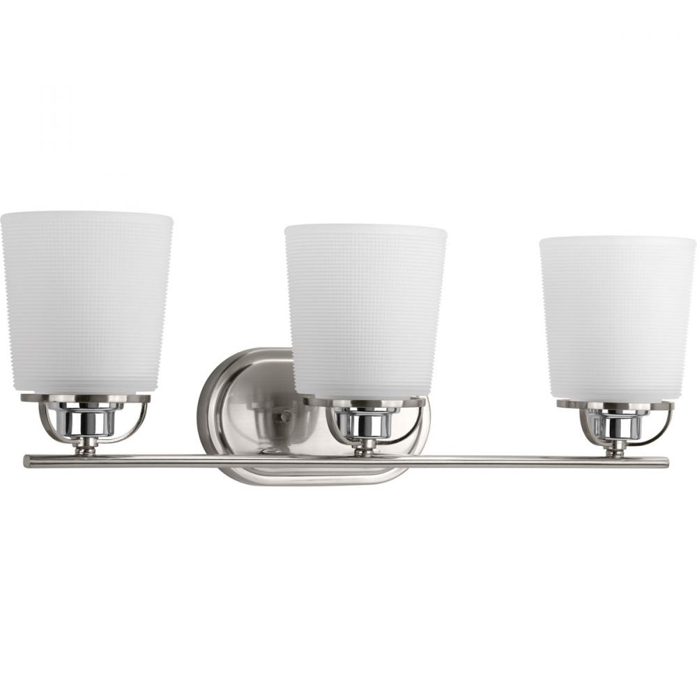 West Village Collection Three-Light Brushed Nickel Etched Double Prismatic Glass Farmhouse Bath Vani