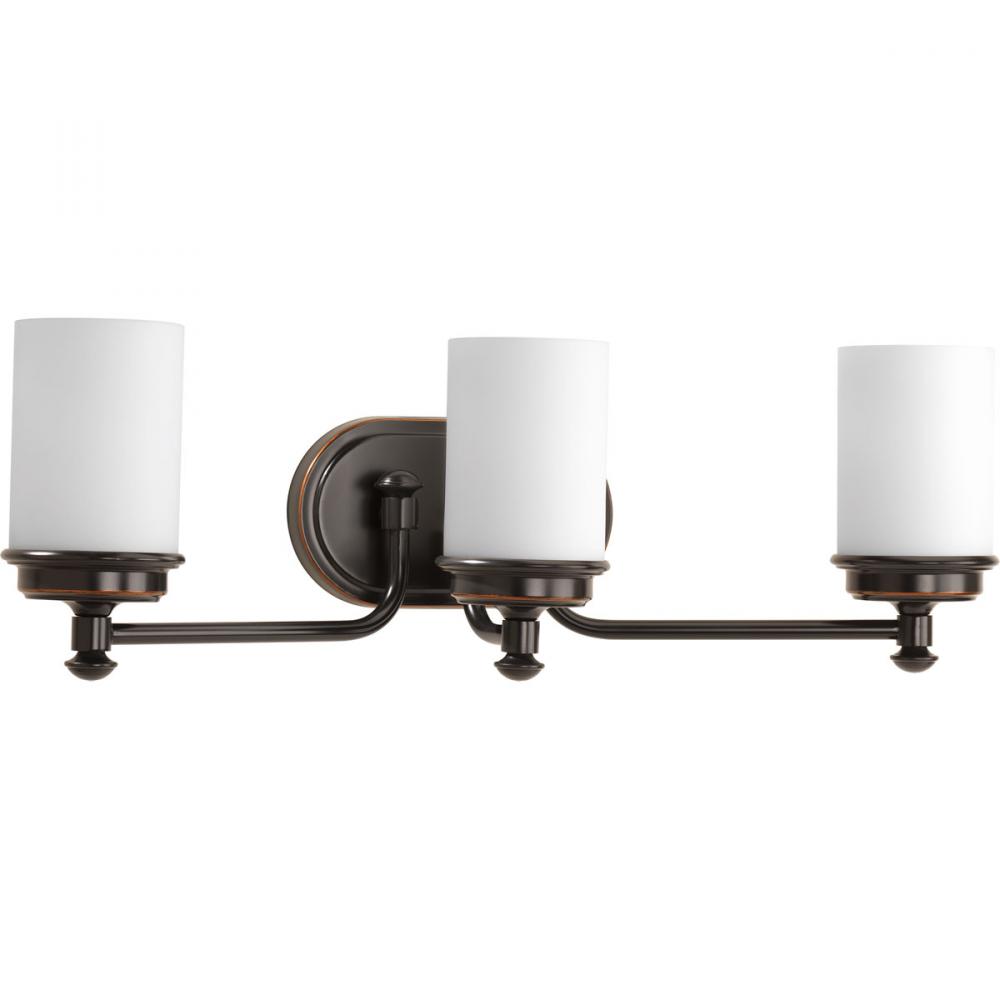 Glide Collection Three-Light Rubbed Bronze Etched Opal Glass Coastal Bath Vanity Light
