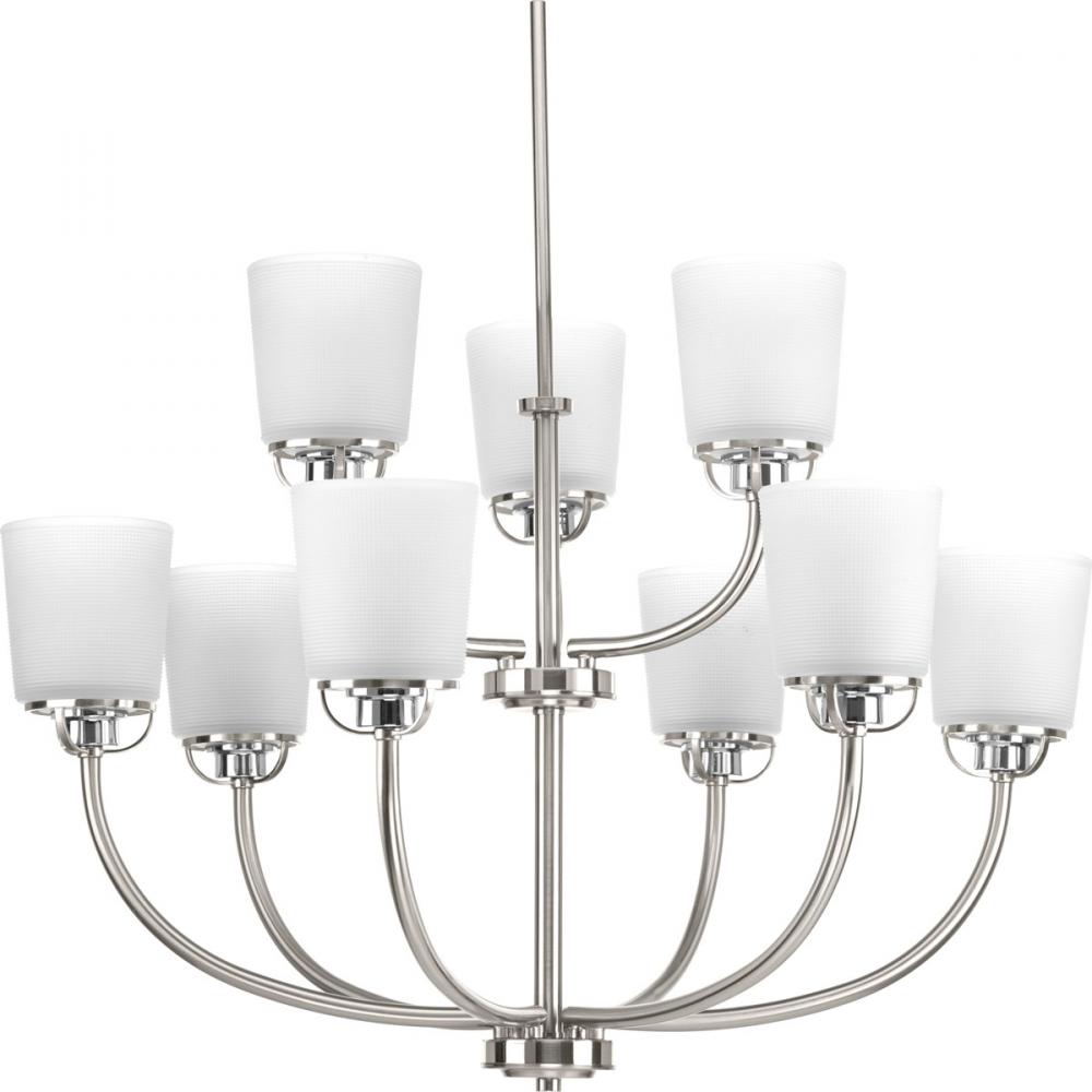 West Village Collection Nine-Light Brushed Nickel Etched Double Prismatic Glass Farmhouse Chandelier