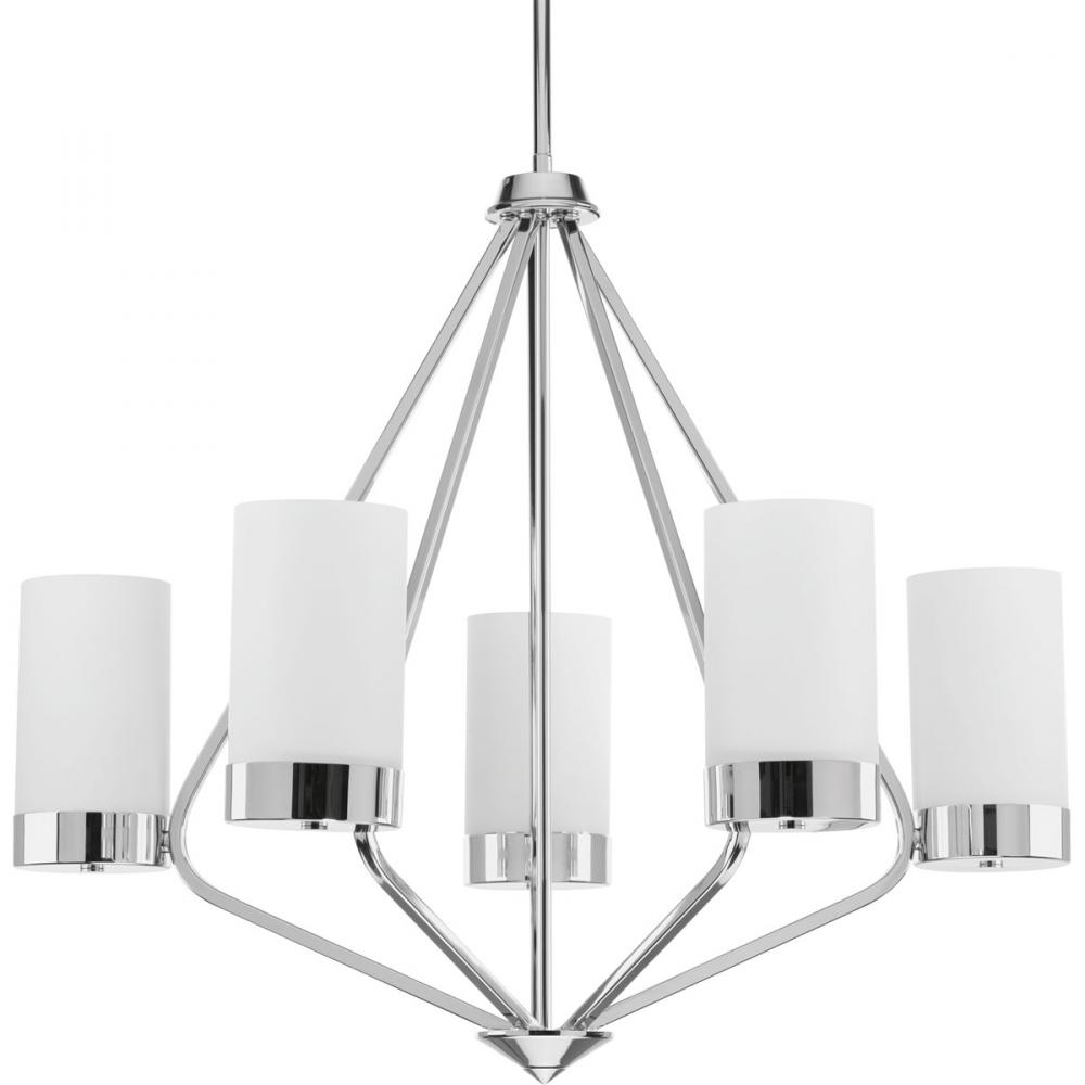 Elevate Collection Five-Light Polished Chrome Etched White Glass Mid-Century Modern Chandelier Light