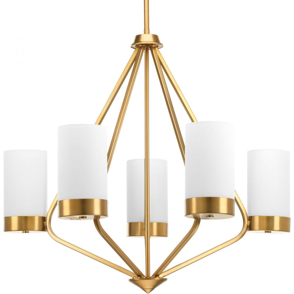 Elevate Collection Five-Light Brushed Bronze Etched White Glass Mid-Century Modern Chandel