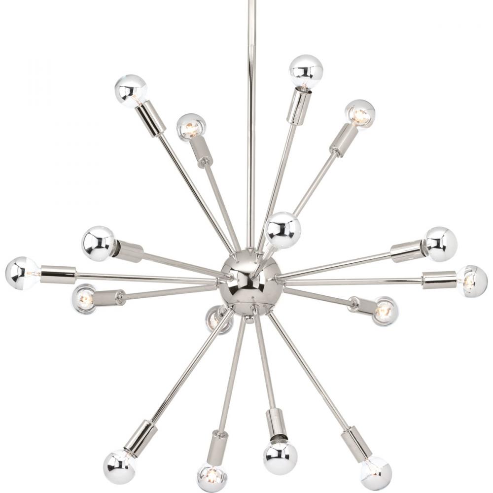 Ion Collection Sixteen-Light Polished Nickel Mid-Century Modern Chandelier Light