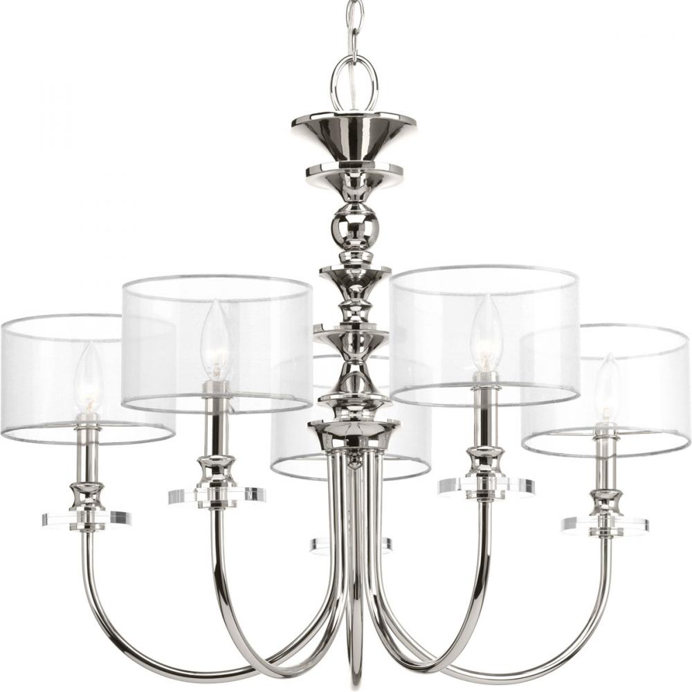 Marche Collection Five-Light Polished Nickel Grey Mylar Shade Luxe Chandelier Light