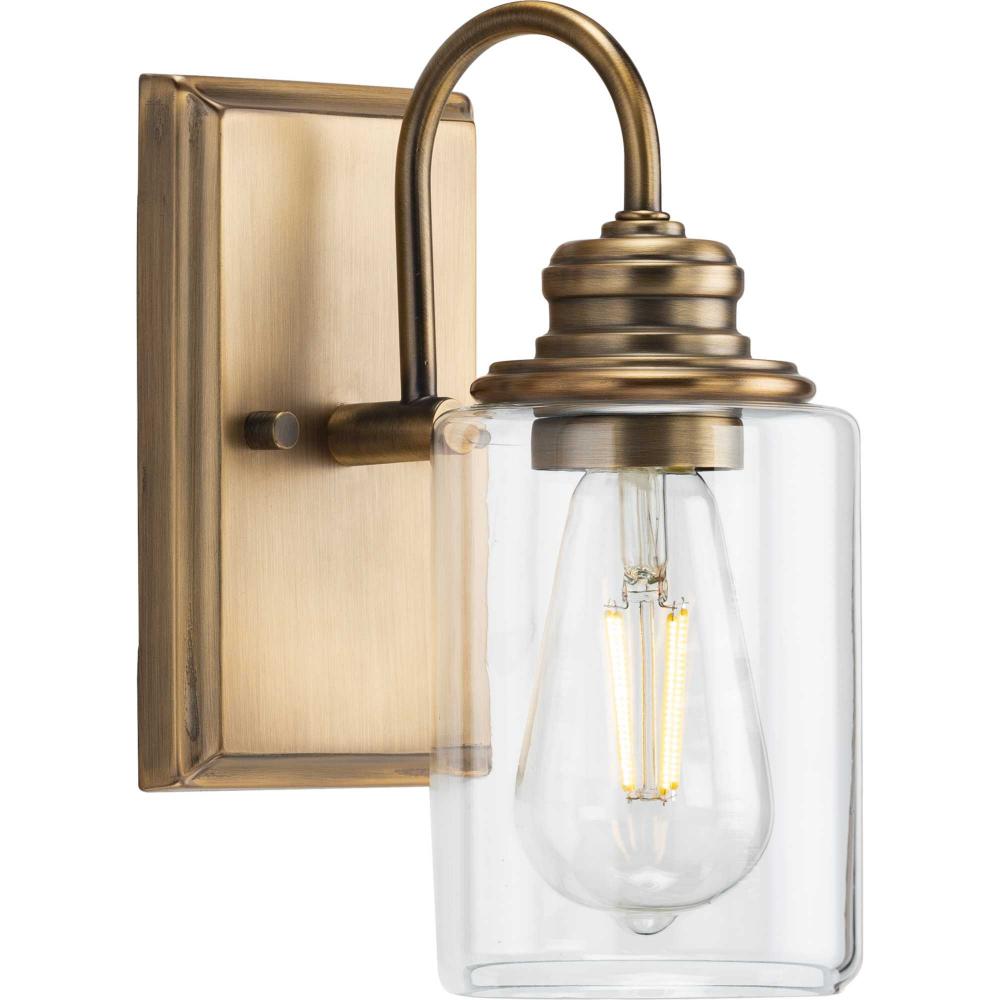 Aiken Collection One-Light Vintage Style Brass Clear Glass Farmhouse Style Bath Vanity Wall Light